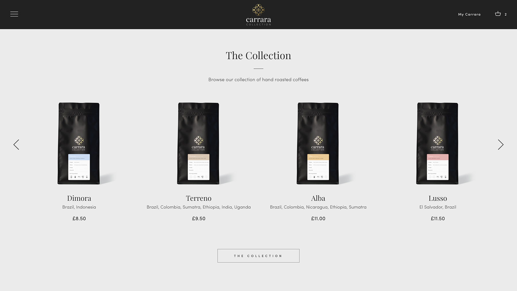 Carrara Collection online shop design and development